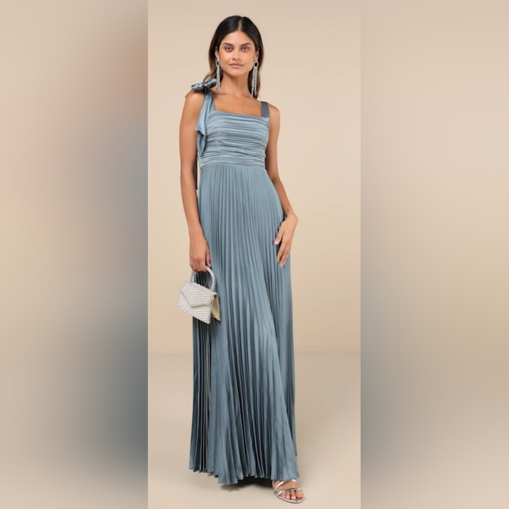 Lulus Georgeous Purpose Slate Satin Pleated Sleeveless Bow Maxi Dress